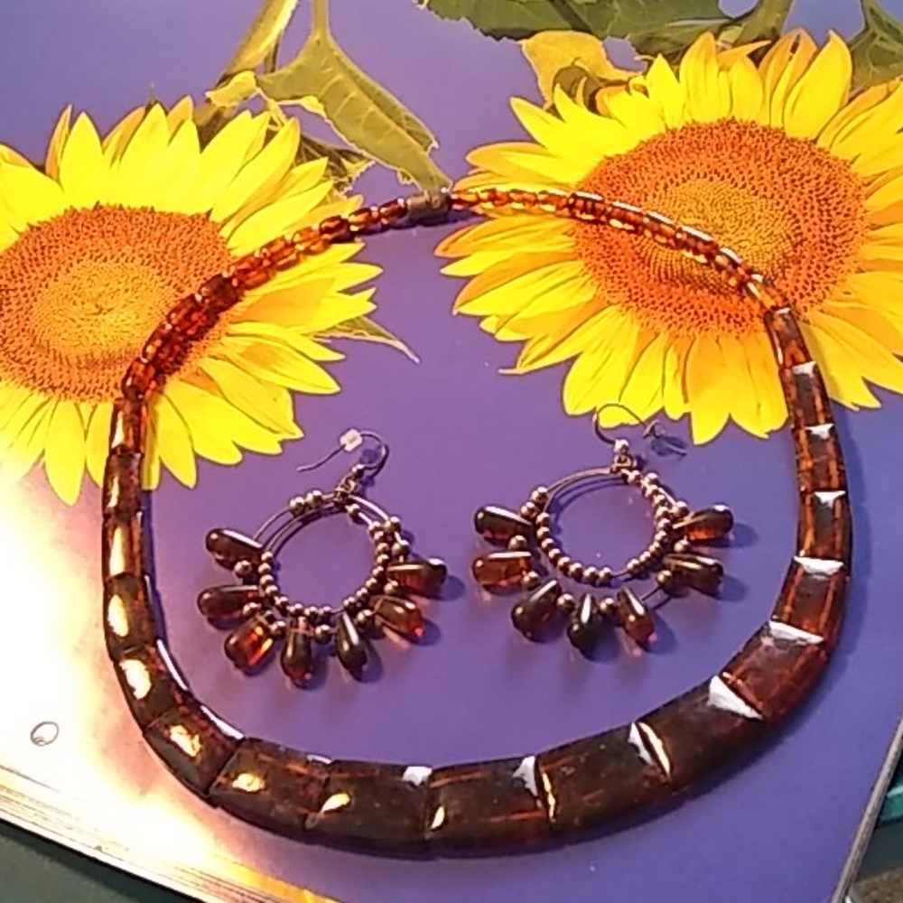 Amber Necklace/Earrings, Brown, Magnetic Closure